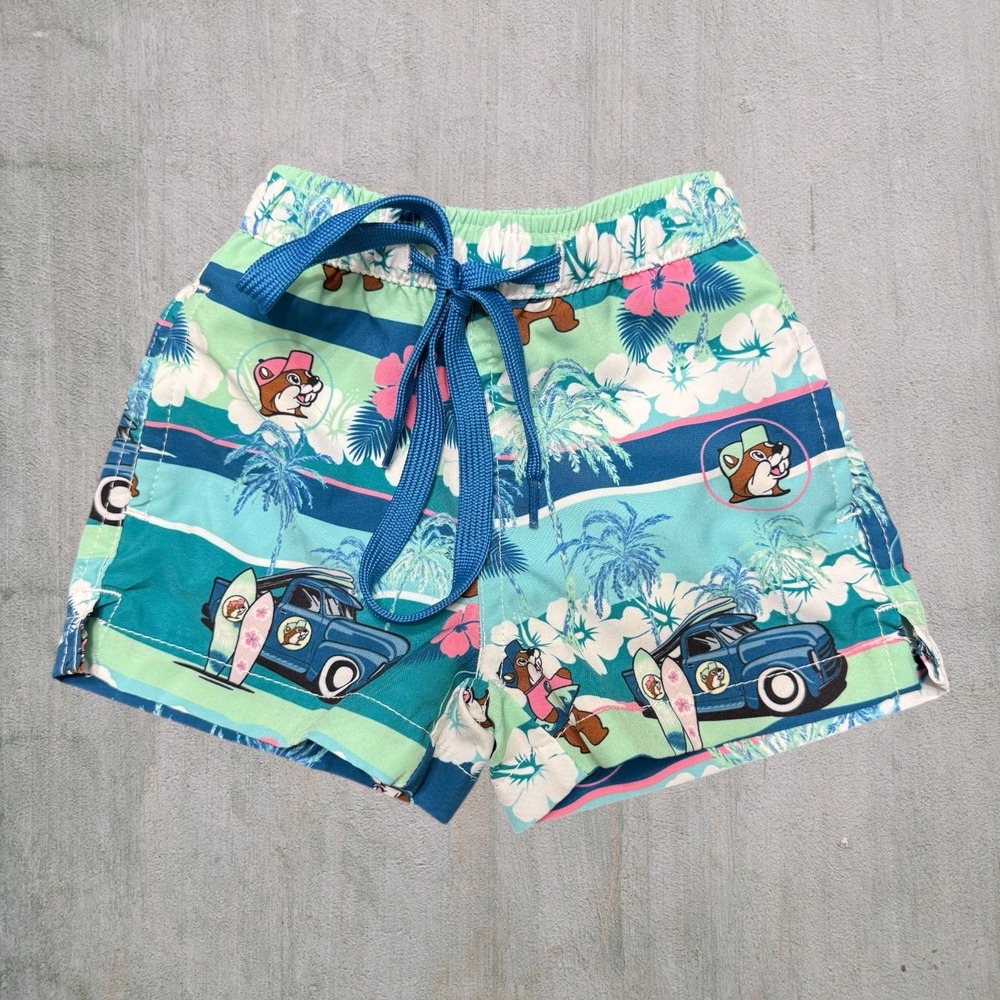 Bucee's Baby Swim Trunks 6-9M Blue Tie Waist Shorts Beaver Surf Hawaii Style